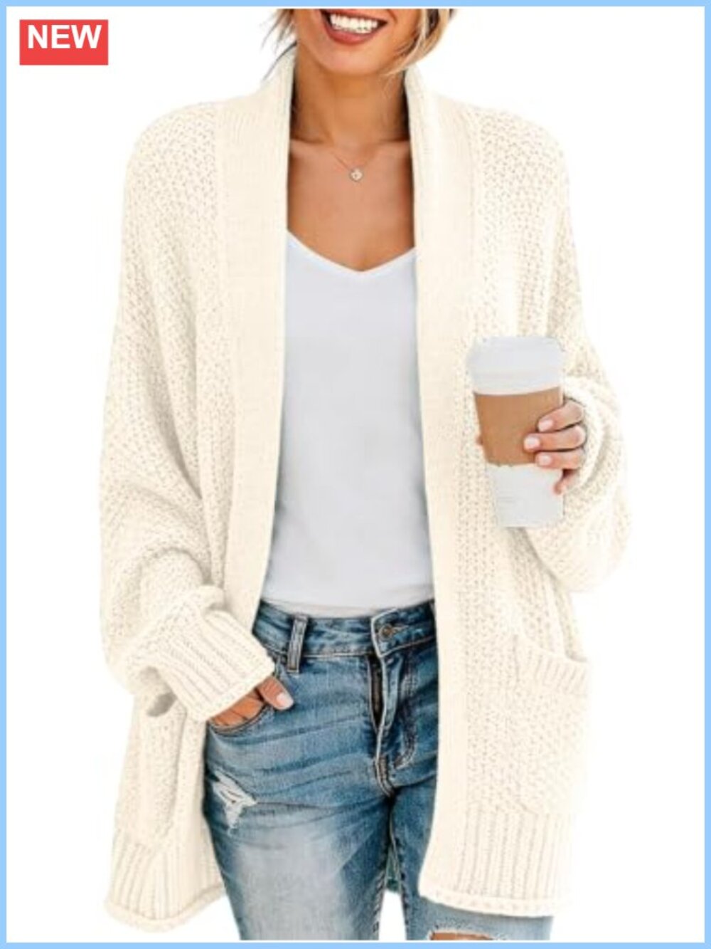 Open Front Chunky Knit Cardigan with Pockets Loose Fit Casual Sweater Coat